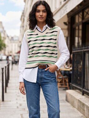 ZARA Wool Blend Wavy Stripe Cable Knit Vest, Small, Made in Turkey